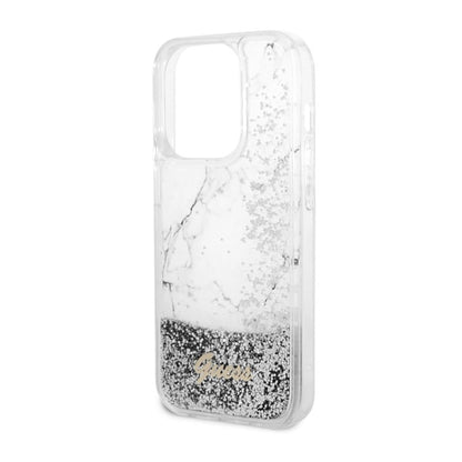 Guess Liquid Glitter Marble – dėklas, skirtas iPhone 14 Pro (baltas)
