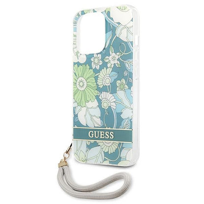 Guess Flower Cord – „iPhone 13 Pro“ dėklas su dirželiu (žalias)