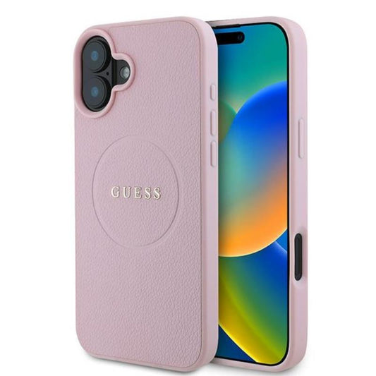 Guess Grained Ring MagSafe – iPhone 16 Plus dėklas (rožinis)