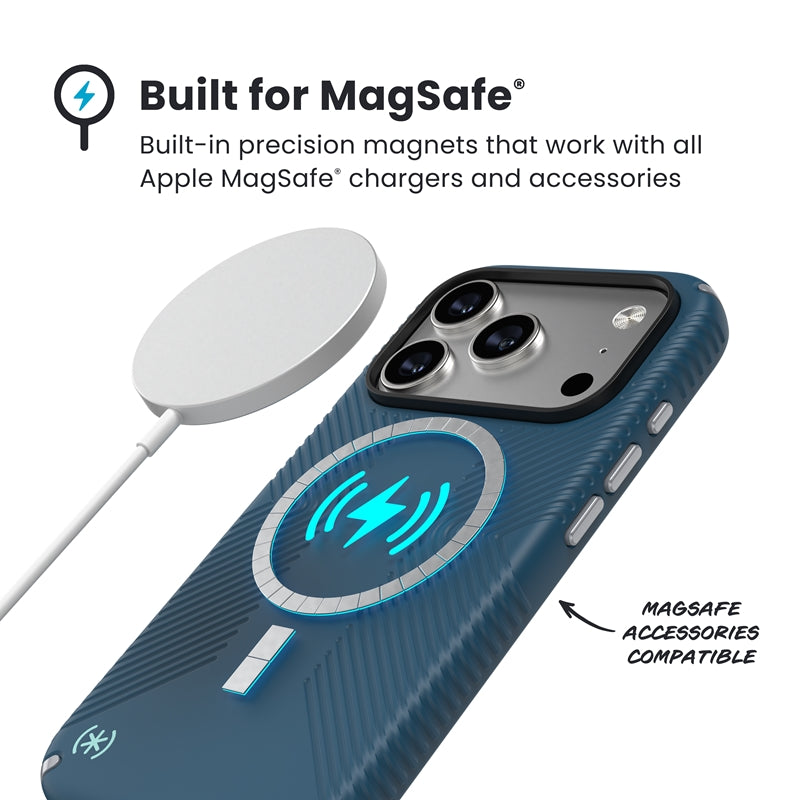 Speck Presidio2 Grip MagSafe – Dėklas iPhone 17 Pro (Tamsiai mėlynos / Sidabro metalo)