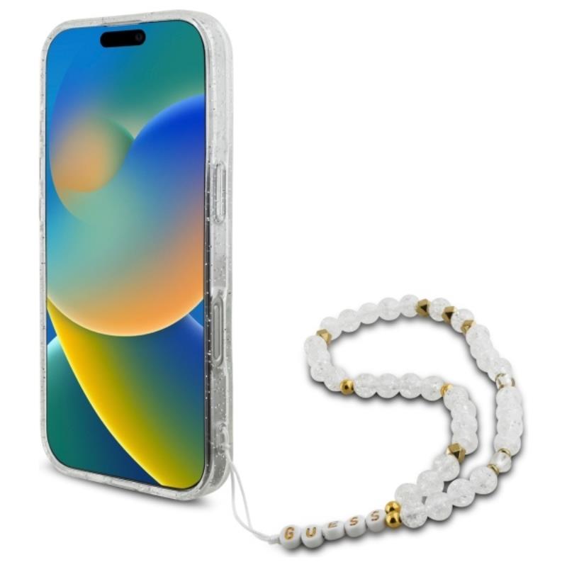 Guess IML Glitter With Pearl Strap MagSafe – dėklas, skirtas iPhone 16 Pro (skaidrus)