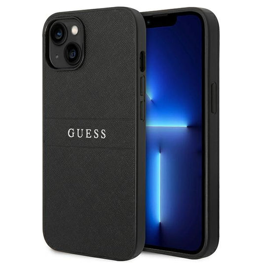 Guess Saffiano Metal Logo Stripes – dėklas, skirtas „iPhone 14 Plus“ (juodas)