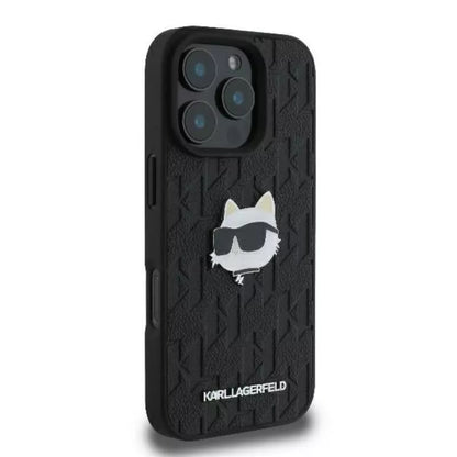 Karl Lagerfeld Monogram Choupette galvutės segtukas – dėklas, skirtas iPhone 16 Pro (juodas)