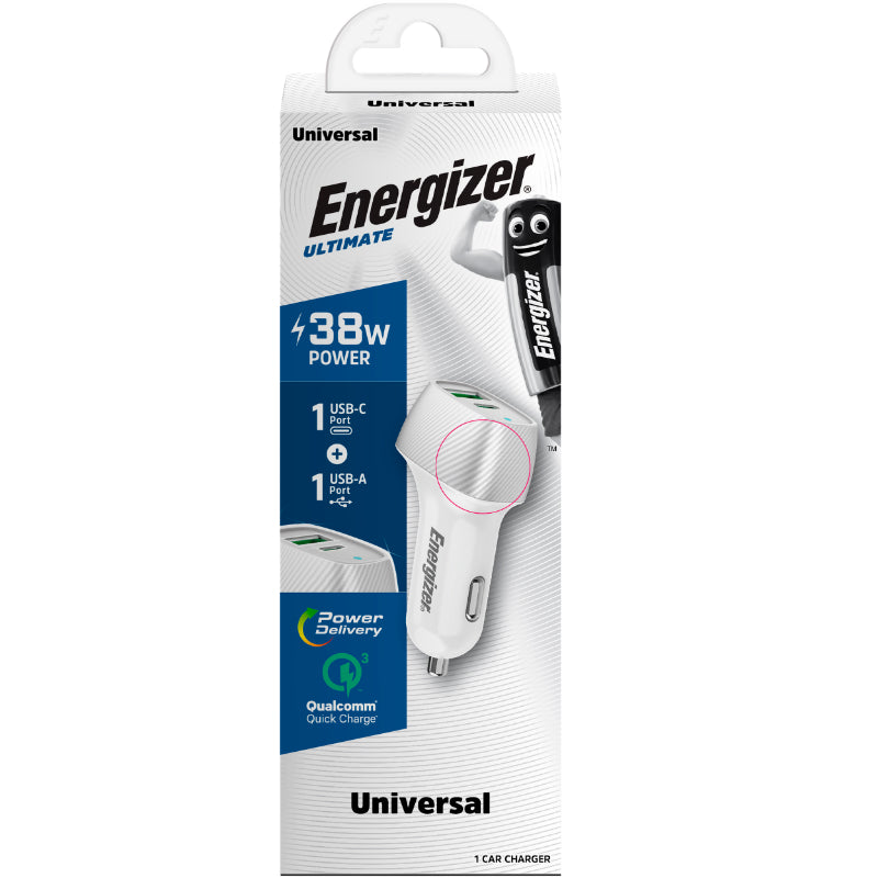 Energizer Ultimate - USB-C ir USB-A 38W PD + QC3.0 automobilinis įkroviklis (baltas / sidabrinis)