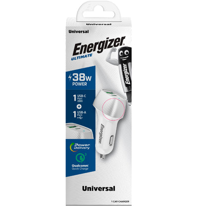 Energizer Ultimate - USB-C ir USB-A 38W PD + QC3.0 automobilinis įkroviklis (baltas / sidabrinis)