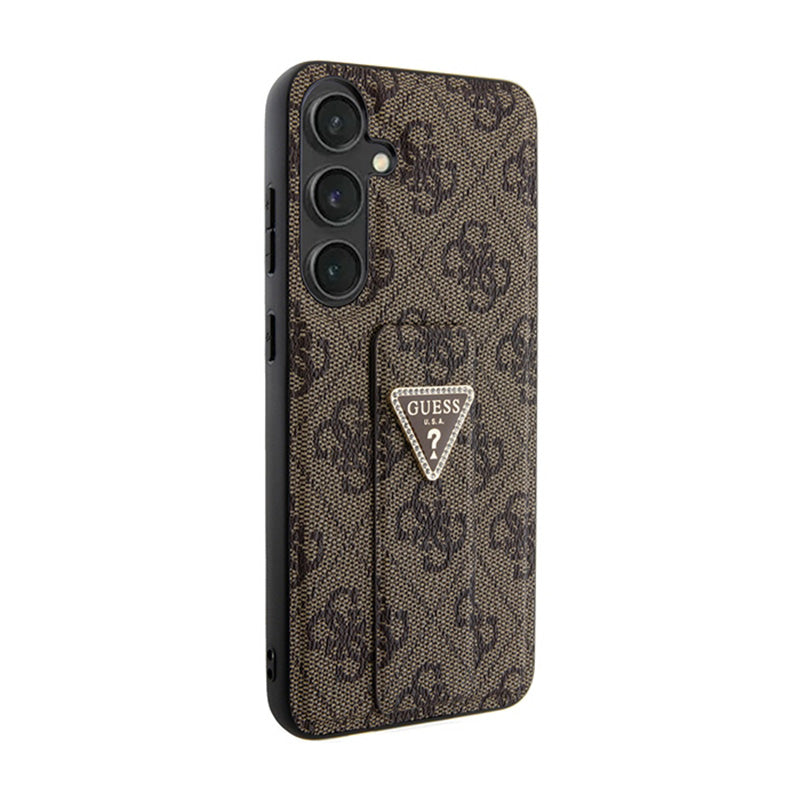 Guess Grip Stand 4G Triangle Strass Logo – dėklas „Samsung Galaxy S24“ (rudas)