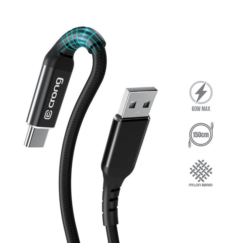 Crong Armor Link – USB-C į USB-A 60W Pintas Kabelis su Power Delivery ir Greito Įkrovimo funkcija, 150cm (juodas)