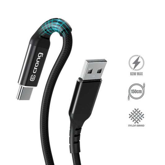 Crong Armor Link – USB-C į USB-A 60W Pintas Kabelis su Power Delivery ir Greito Įkrovimo funkcija, 150cm (juodas)