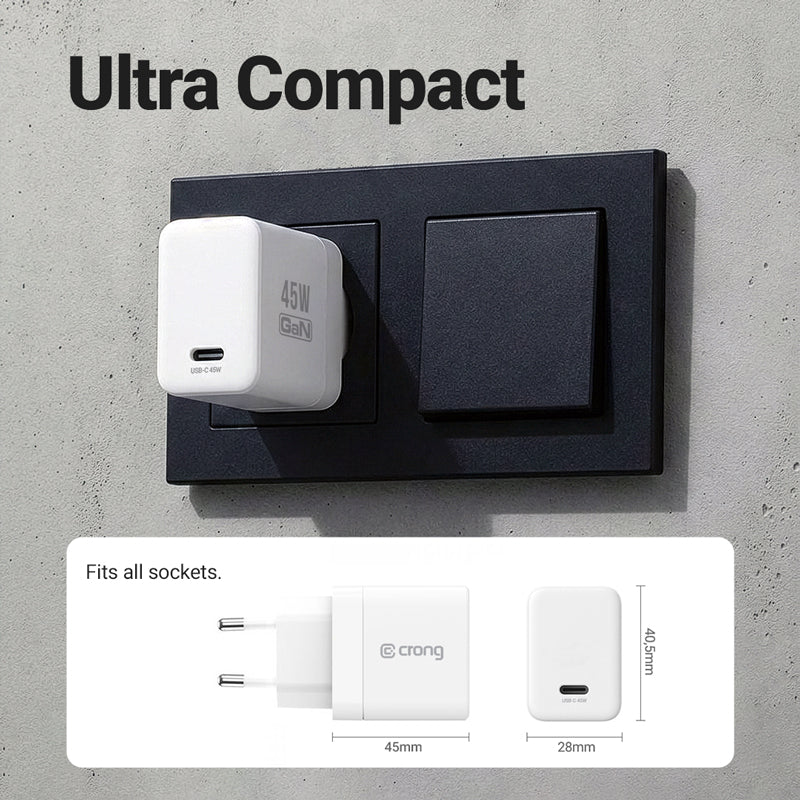 Crong Ultra Compact GaN - USB-C 45W PD 3.0 sieninis įkroviklis su PPS (baltas)