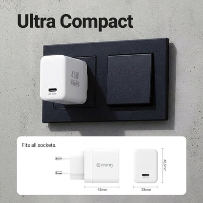 Crong Ultra Compact GaN - USB-C 45W PD 3.0 sieninis įkroviklis su PPS (baltas)