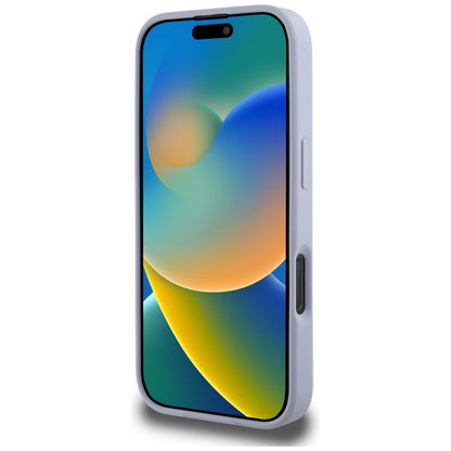 Guess karšto štampavimo 4G rašto dėklas su trikampiu metaliniu logotipu – skirta iPhone 16 Pro Max (violetinė)