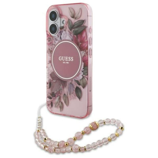 Guess IML Flowers With Pearl Strap MagSafe - dėklas iPhone 16 (Rausvos)