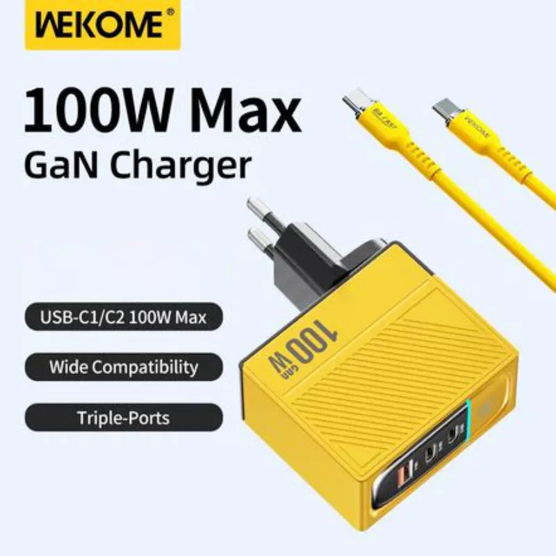 WEKOME WP-U155 Tint Series – 2x USB-C ir USB-A itin greitas GaN 100W įkroviklis (geltonas)
