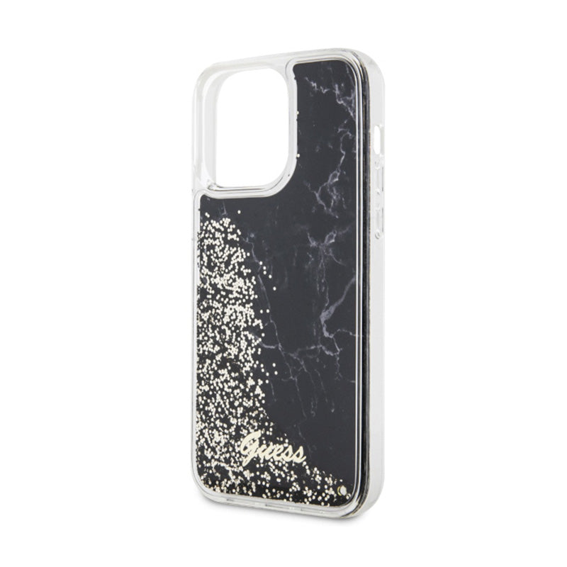 Guess Liquid Glitter Marble – dėklas, skirtas „iPhone 14 Pro Max“ (juodas)