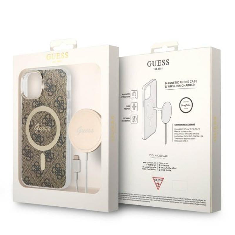 Guess Bundle Pack MagSafe 4G – dėklų rinkinys, skirtas iPhone 14 Plus + MagSafe įkrovikliui (rudas / auksas)