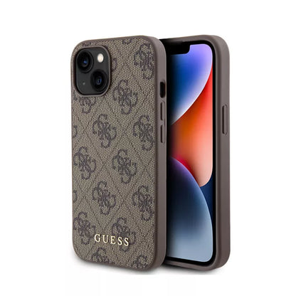 Guess 4G Metal Gold Logo – Dėklas, skirtas „iPhone 15“ (ruda)