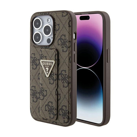 Guess Grip Stand 4G Triangle Strass Logo – „iPhone 15 Pro Max“ dėklas (rudas)
