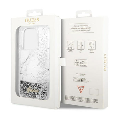 Guess Liquid Glitter Marble – dėklas, skirtas iPhone 14 Pro (baltas)