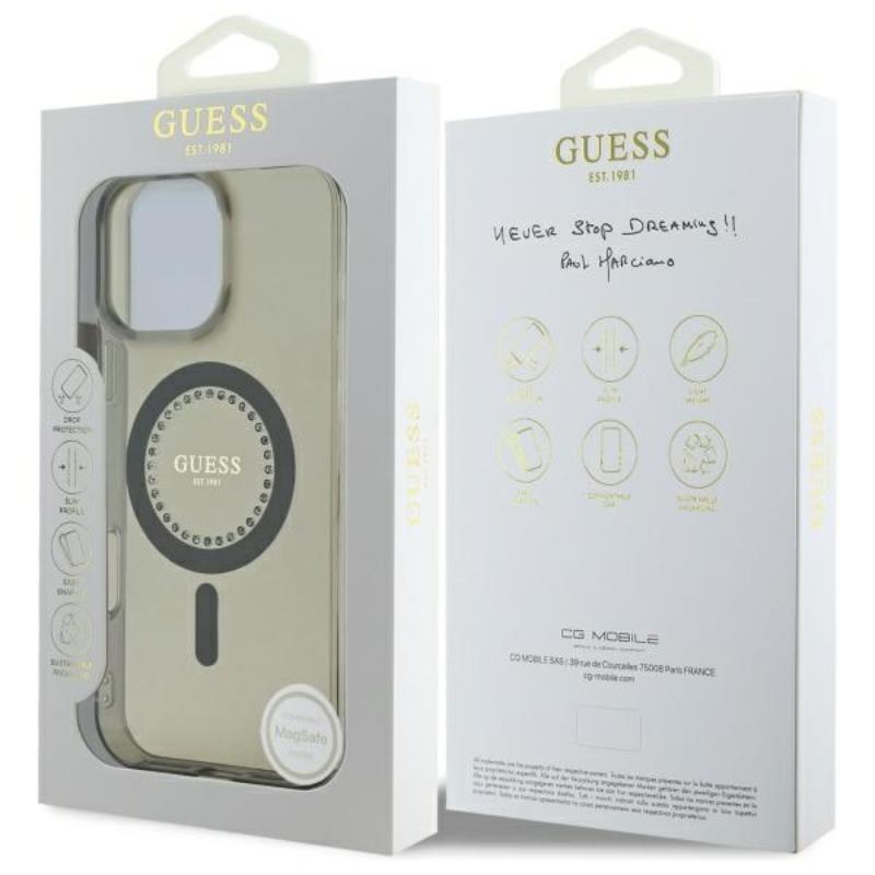 Guess IML Rhinestones MagSafe – dėklas skirtas iPhone 16 Pro Max (juodas)