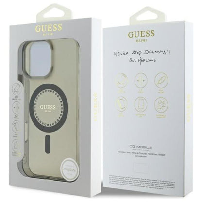 Guess IML Rhinestones MagSafe – dėklas skirtas iPhone 16 Pro Max (juodas)