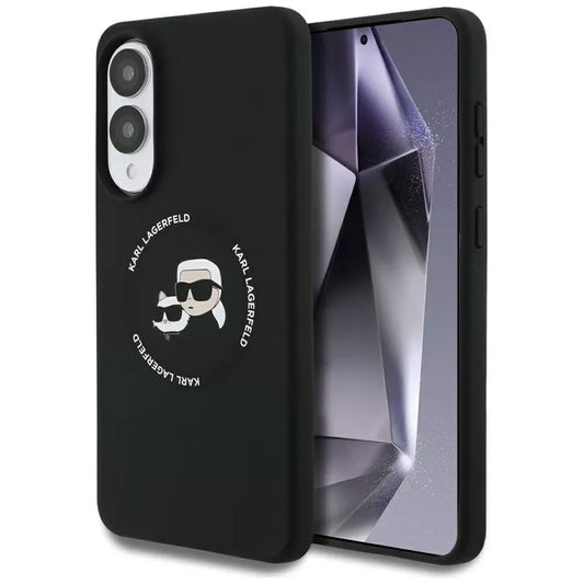 Karl Lagerfeld Silikoninis Dėklas su Dvigubomis Galvutėmis ir Apskritimu MagSafe – Samsung Galaxy S25 Edge (juodas)