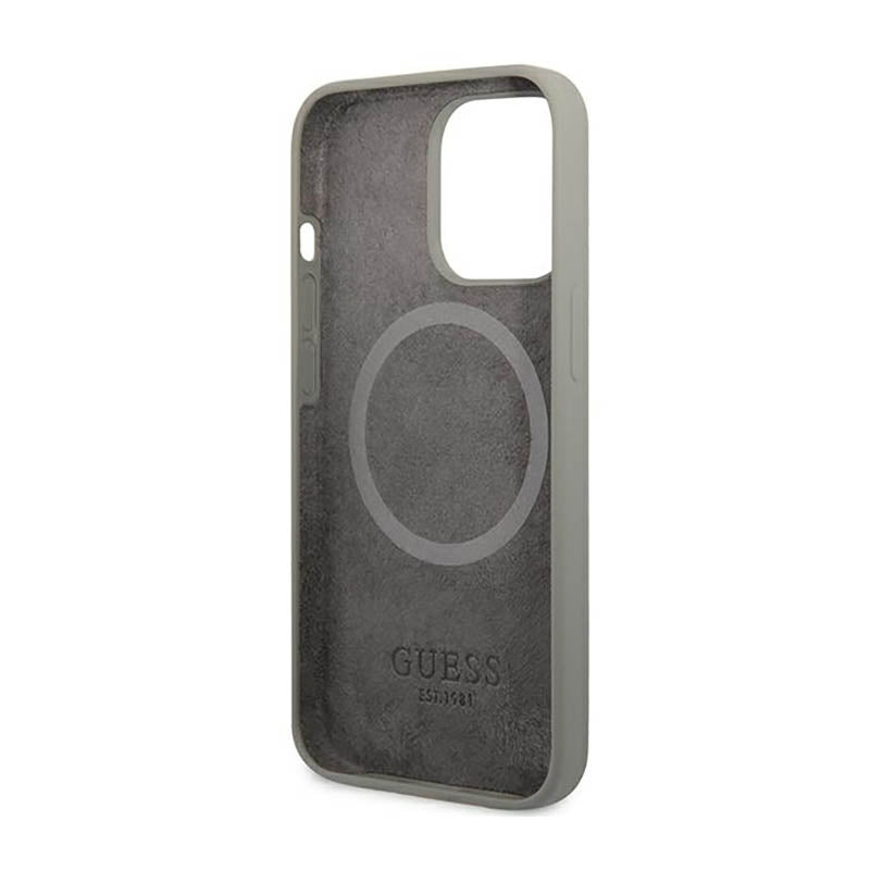 Guess Silicone Logo Plate MagSafe – dėklas, skirtas iPhone 13 Pro Max (pilkas)