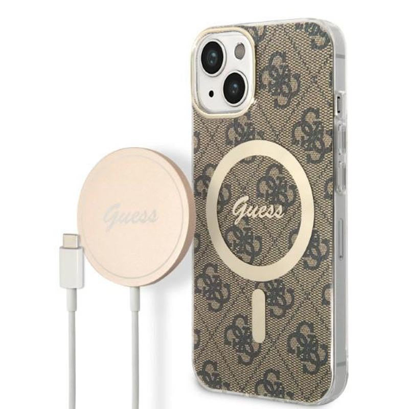 Guess Bundle Pack MagSafe 4G – dėklų rinkinys, skirtas iPhone 14 Plus + MagSafe įkrovikliui (rudas / auksas)