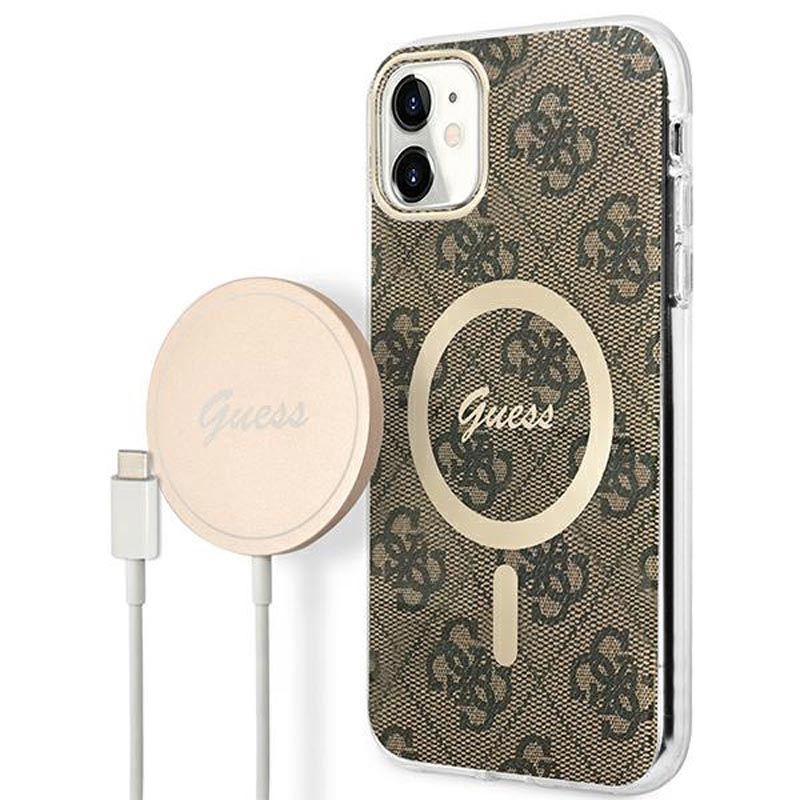 Guess Bundle Pack MagSafe 4G - dėklų rinkinys, skirtas iPhone 11 + MagSafe įkroviklis (ruda/auksinė)