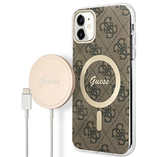 Guess Bundle Pack MagSafe 4G - dėklų rinkinys, skirtas iPhone 11 + MagSafe įkroviklis (ruda/auksinė)
