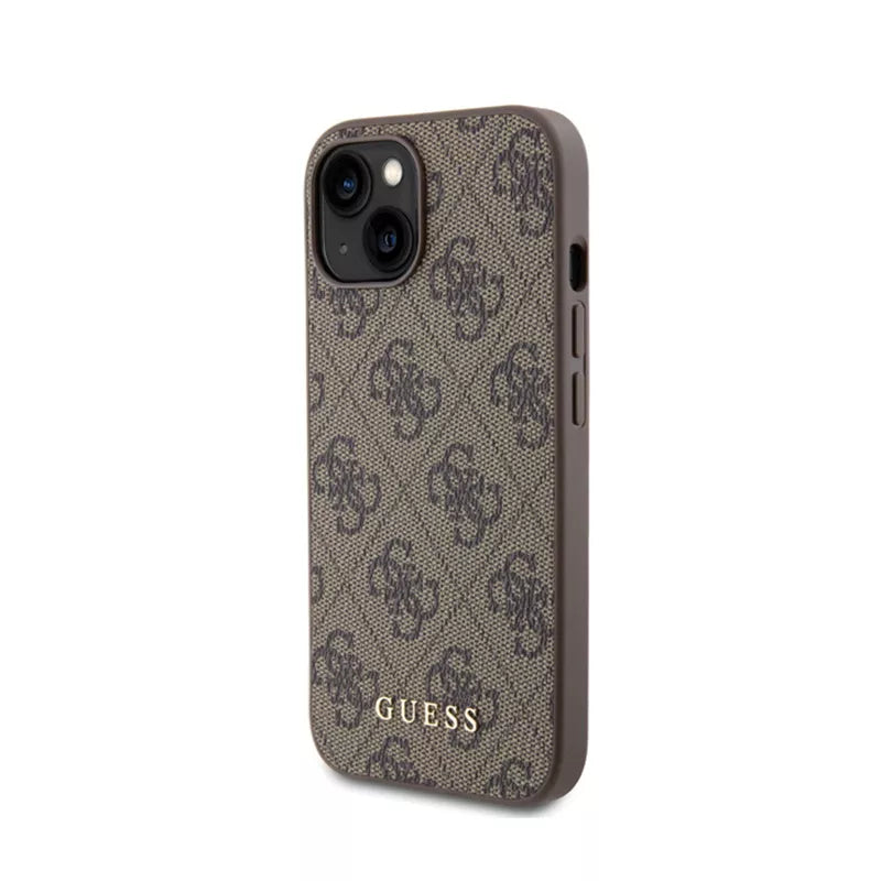 Guess 4G Metal Gold Logo – Dėklas, skirtas „iPhone 15“ (ruda)