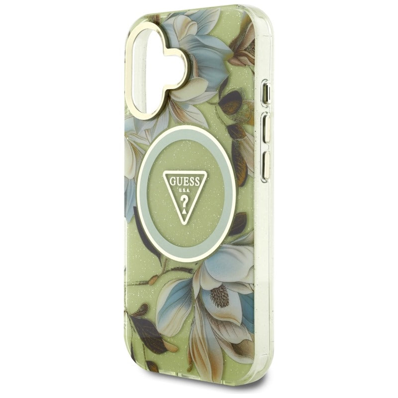 Guess Glitter Flowers Triangle Buttons MagSafe – Dėklas, skirtas iPhone 16 (žalias)