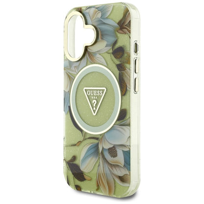 Guess Glitter Flowers Triangle Buttons MagSafe – Dėklas, skirtas iPhone 16 (žalias)