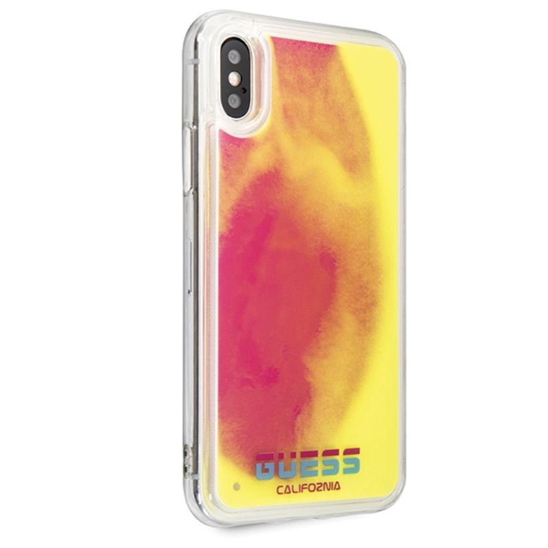 Guess Liquid Glitter Hearts – dėklas iPhone Xs / X (Švyti tamsoje / rožinė)