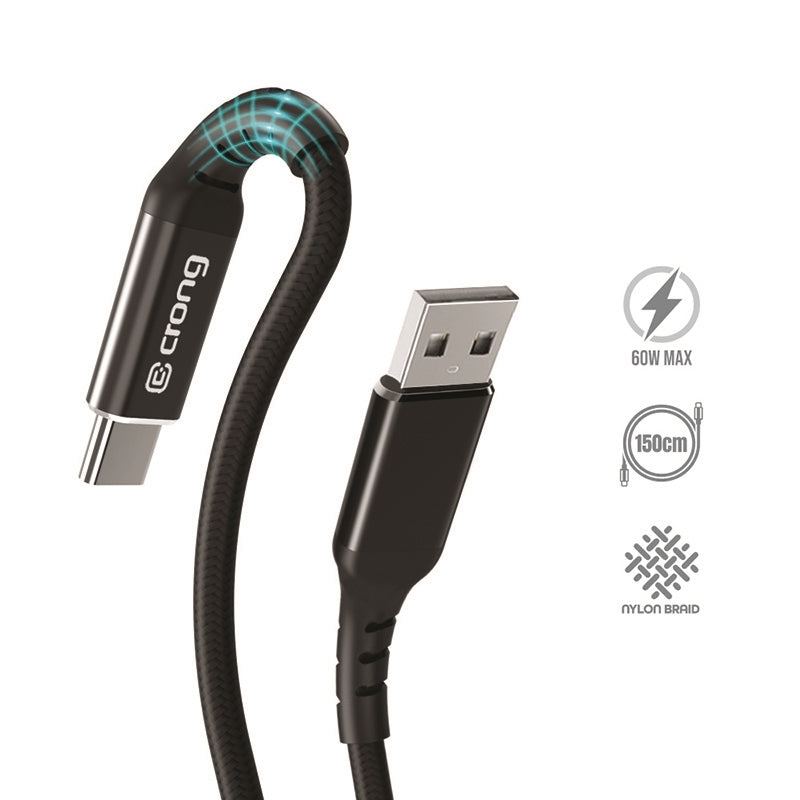 Crong Armor Link – USB-C į USB-A 60W Pintas Kabelis su Power Delivery ir Greito Įkrovimo funkcija, 150cm (juodas)