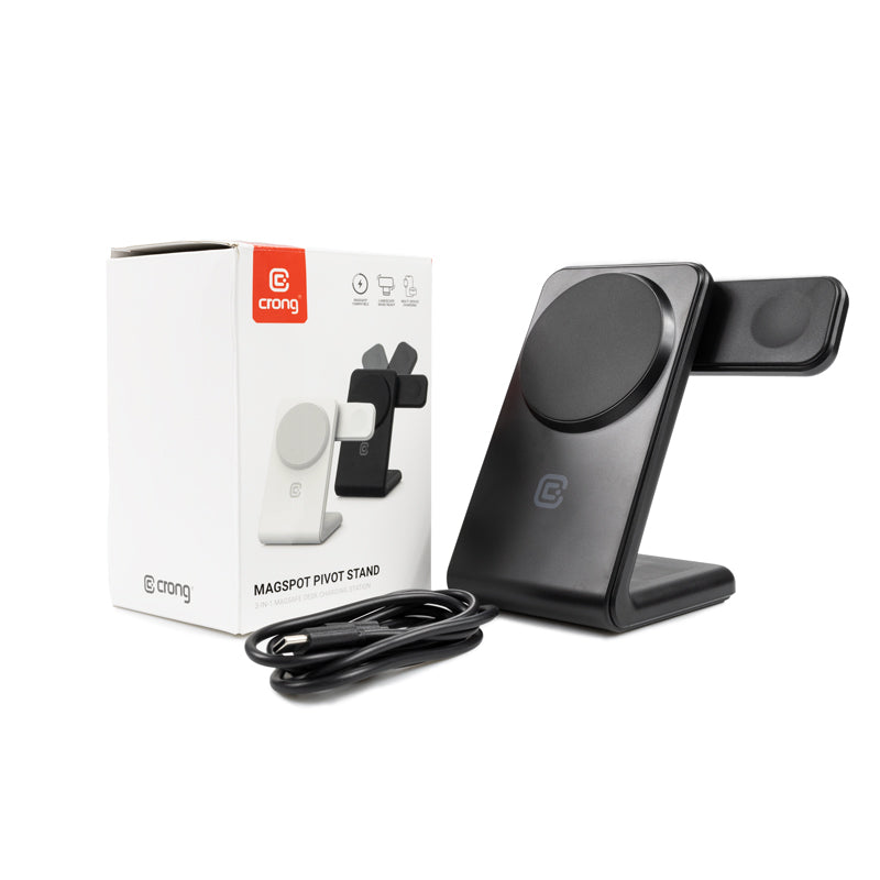 Crong MagSpot Pivot Stand - 3-in-1 belaidis įkroviklis su MagSafe, skirtas iPhone, Apple Watch ir AirPods (juodas)