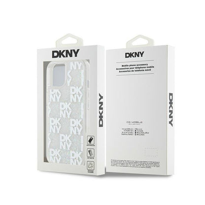 DKNY Liquid Glitter Multilogo – dėklas iPhone 15 / 14 / 13 (baltas)