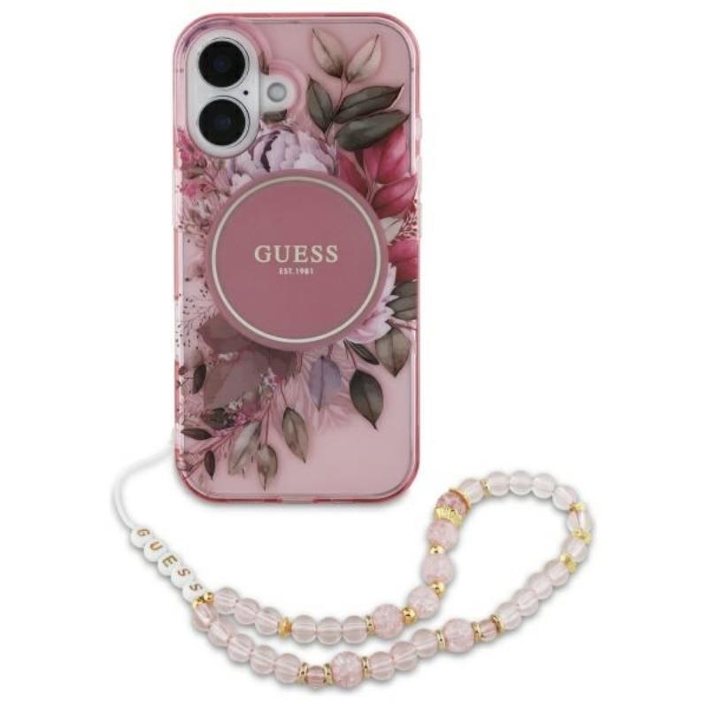 Guess IML Flowers With Pearl Strap MagSafe - dėklas iPhone 16 (Rausvos)