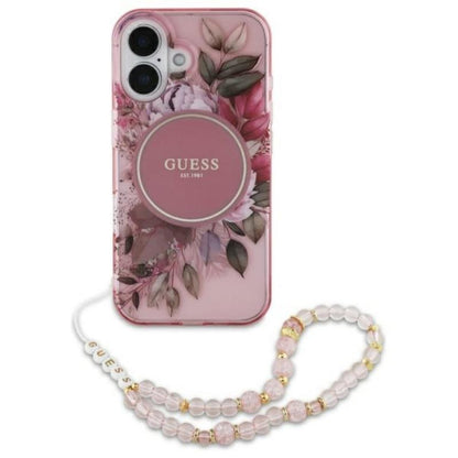 Guess IML Flowers With Pearl Strap MagSafe - dėklas iPhone 16 (Rausvos)