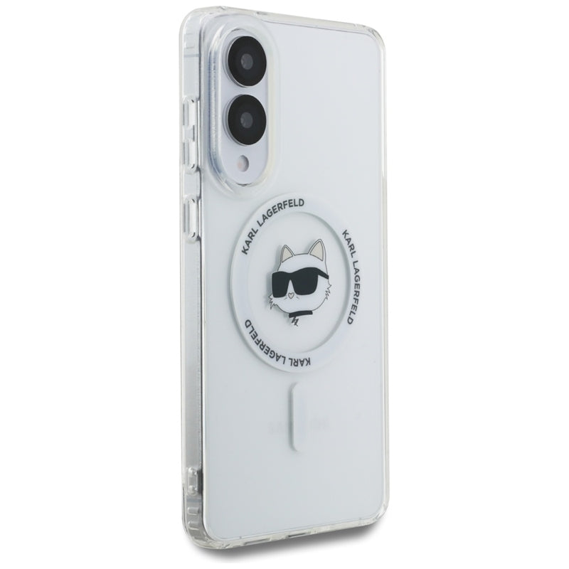 Karl Lagerfeld Dėklas Samsung Galaxy S25 Edge, su Choupette galvos ir logotipų atvaizdais, MagSafe, baltas