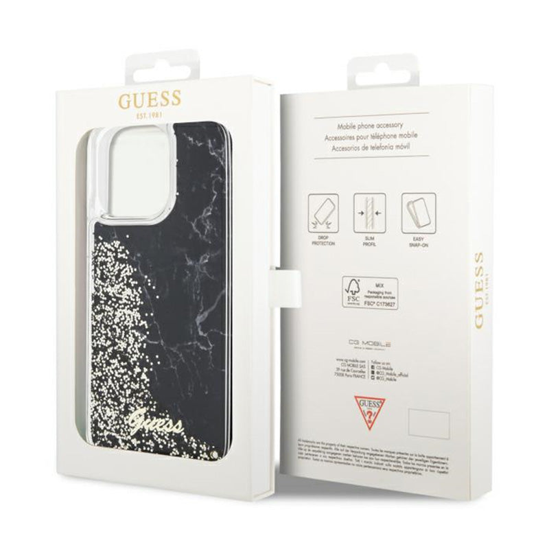 Guess Liquid Glitter Marble – dėklas, skirtas „iPhone 14 Pro Max“ (juodas)