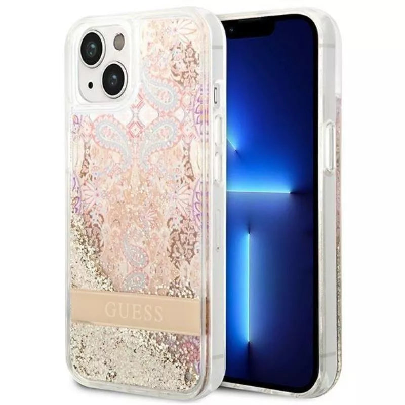 Guess Liquid Glitter Paisley – „iPhone 14 Plus“ dėklas (auksinis)