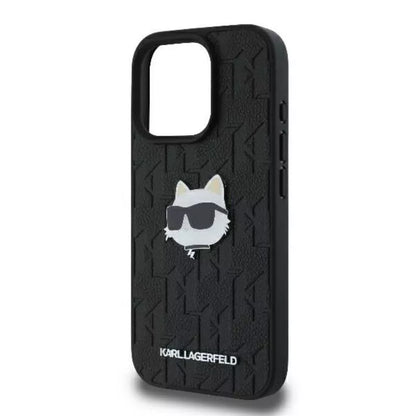 Karl Lagerfeld Monogram Choupette galvutės segtukas – dėklas, skirtas iPhone 16 Pro (juodas)