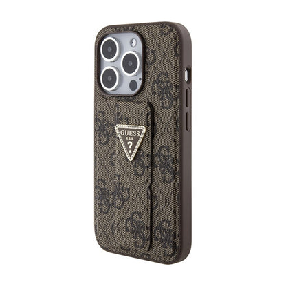 Guess Grip Stand 4G Triangle Strass Logo – „iPhone 15 Pro Max“ dėklas (rudas)