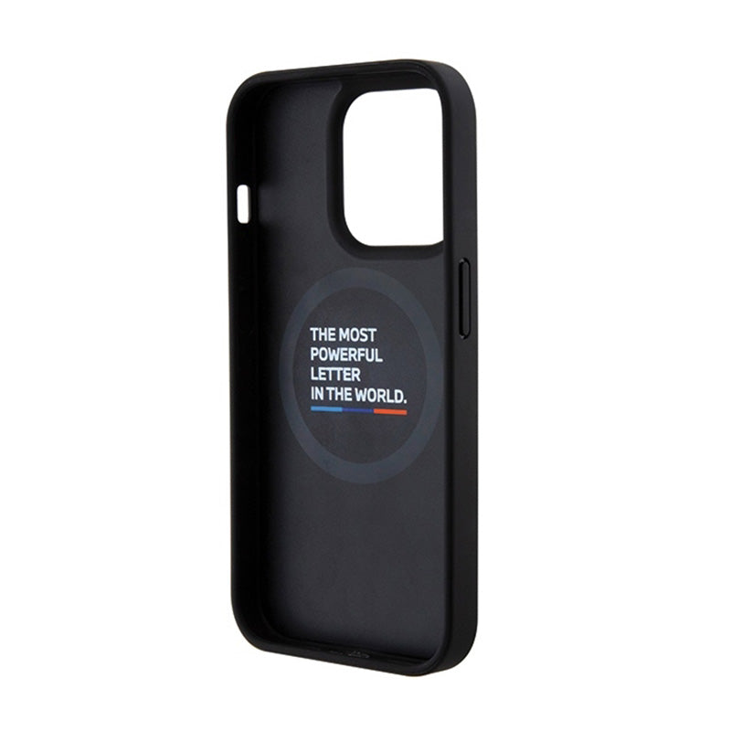 BMW Quilted Tricolor MagSafe – dėklas iPhone 15 Pro (juodas)