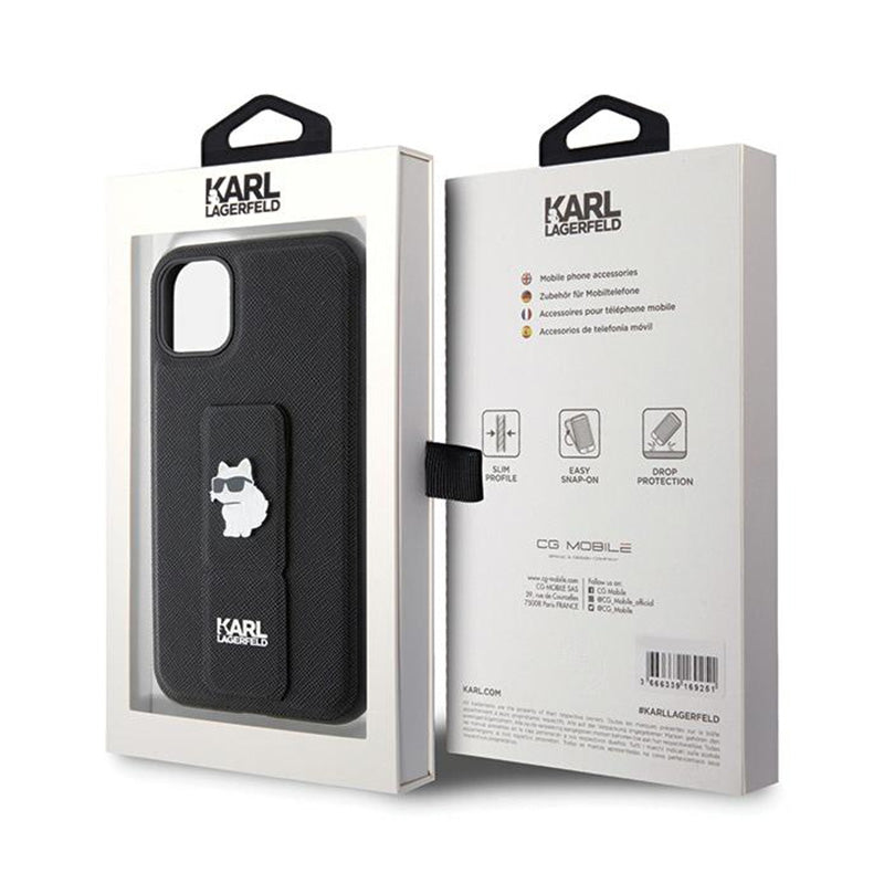 Karl Lagerfeld Gripstand Saffiano Choupette Pins – „iPhone 11“ dėklas (juodas)