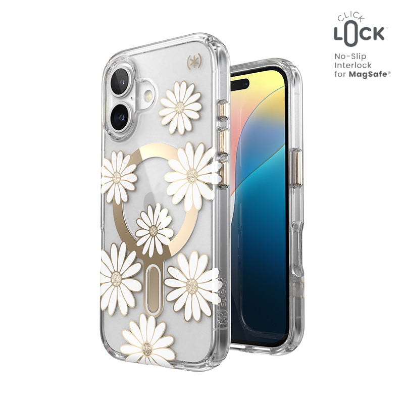 Speck Presidio Lux ClickLock & MagSafe – dėklas „iPhone 16“ (Sunshine Daisies / skaidrus / auksinis)