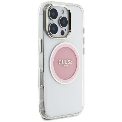 Guess IML Metal Colored Circle Classic Logo MagSafe – dėklas, skirtas iPhone 16 Pro (rožinis)