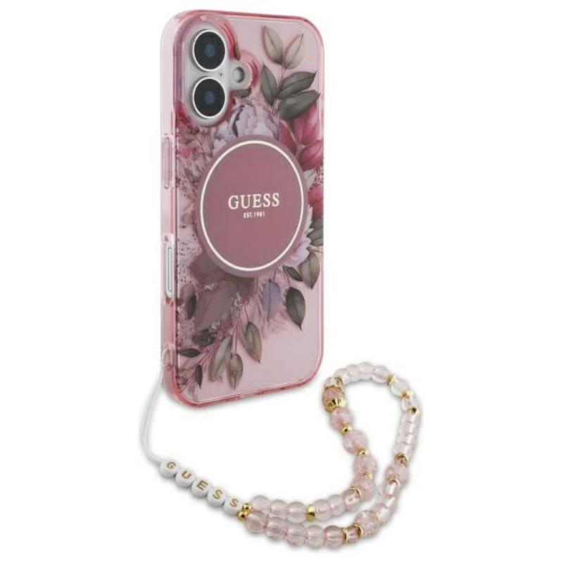 Guess IML Flowers With Pearl Strap MagSafe - dėklas iPhone 16 (Rausvos)