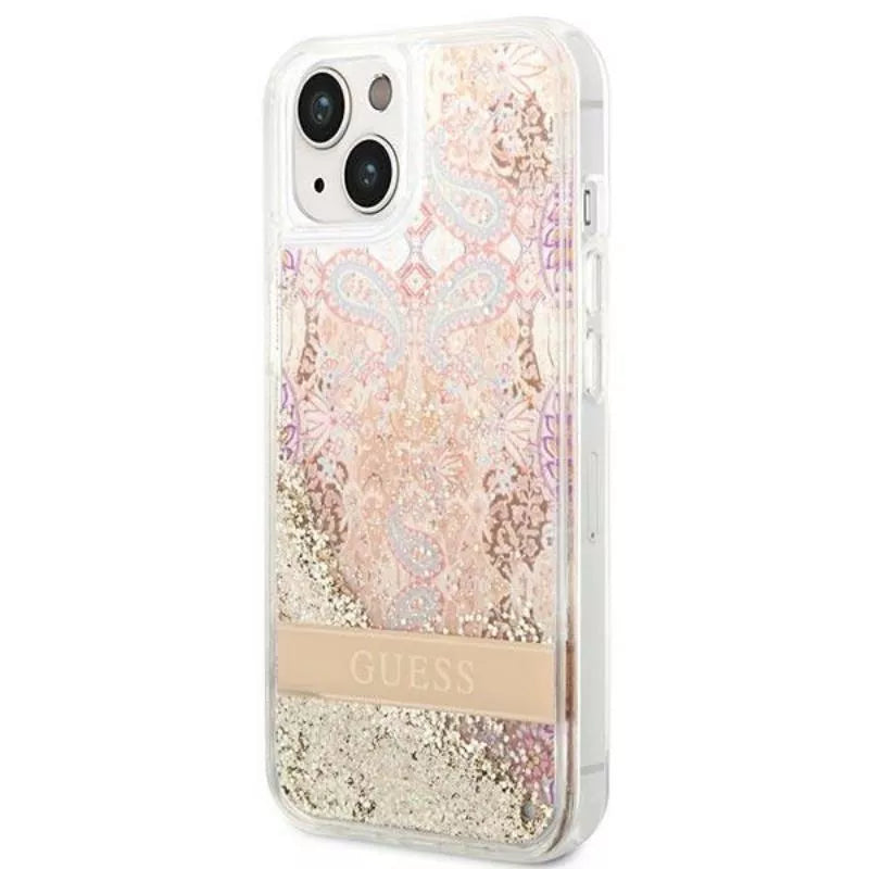 Guess Liquid Glitter Paisley – „iPhone 14 Plus“ dėklas (auksinis)