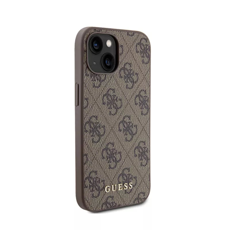 Guess 4G Metal Gold Logo – Dėklas, skirtas „iPhone 15“ (ruda)